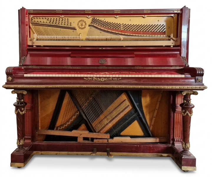 Imatge frontal del piano sense les tapes, mostrant l'arpa i el mecanisme